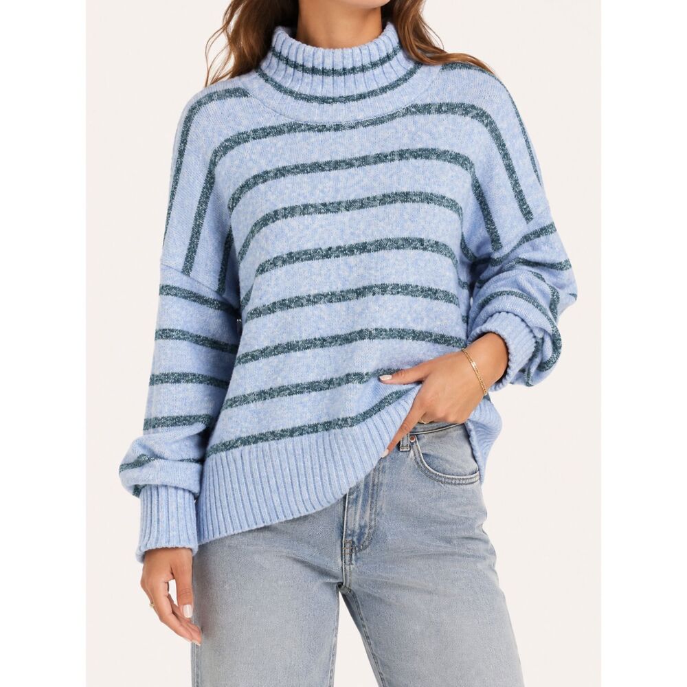 Eddie Bauer Women XL Blue Gray Striped Mockneck Sweater Oversized Coastal